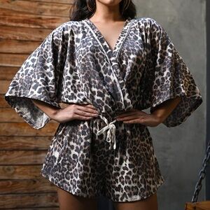 Ella Blue Leopard Relaxed Fit Loungewear Comfy Kimono One Piece Romper Shorts S